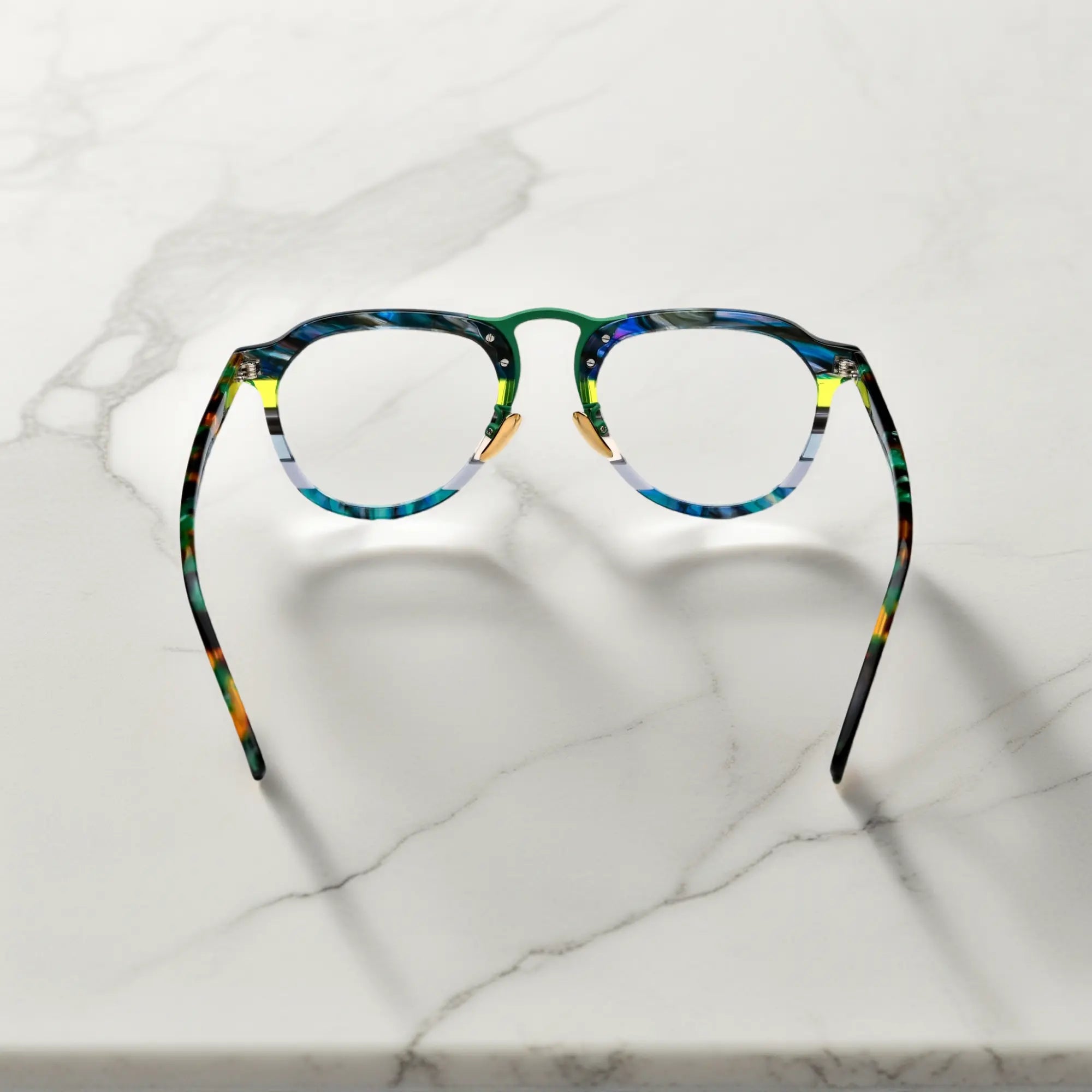 Rear view of VoyueLens Forest Aurora green amber acetate aviator glasses